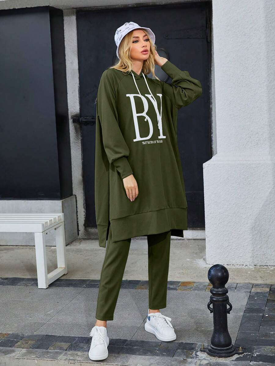 Mulvari Letter Graphic Drawstring Hoodie & Sweatpants Set - Army Green - View 1
