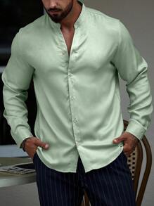 Manfinity Homme 男士纯色纽扣衬衫（不含T恤），适合秋季穿着，长袖上衣 - 薄荷綠 - 查看 7