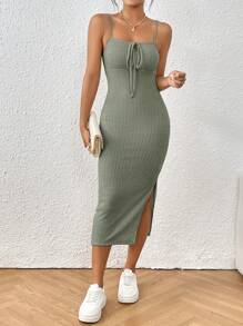 SHEIN Frenchy Tie Front Split Thigh Cami Dress Summer - Mint Green - View 4