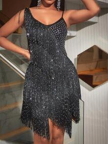 Vintage Asymmetrical Neck Fringe Trim Sequin Bodycon Party Club Dress