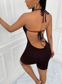 Slaydiva Đơn vị Nữ Lộ Lưng Buộc lại Gân đan màu trơn - màu đen - Xem 2