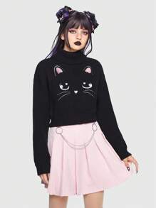 ROMWE Kawaii 卡通貓樣式高領落肩袖套頭毛衣 - 黑色 - 查看 1