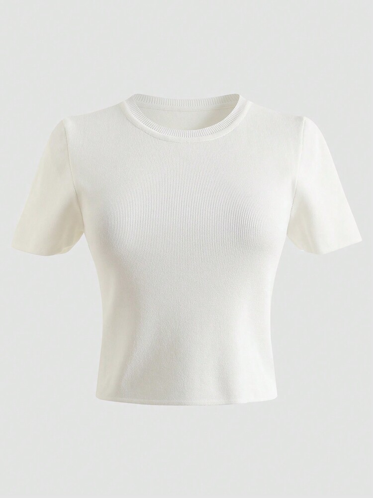 Solid Ribbed Knit Tee - White - View 1