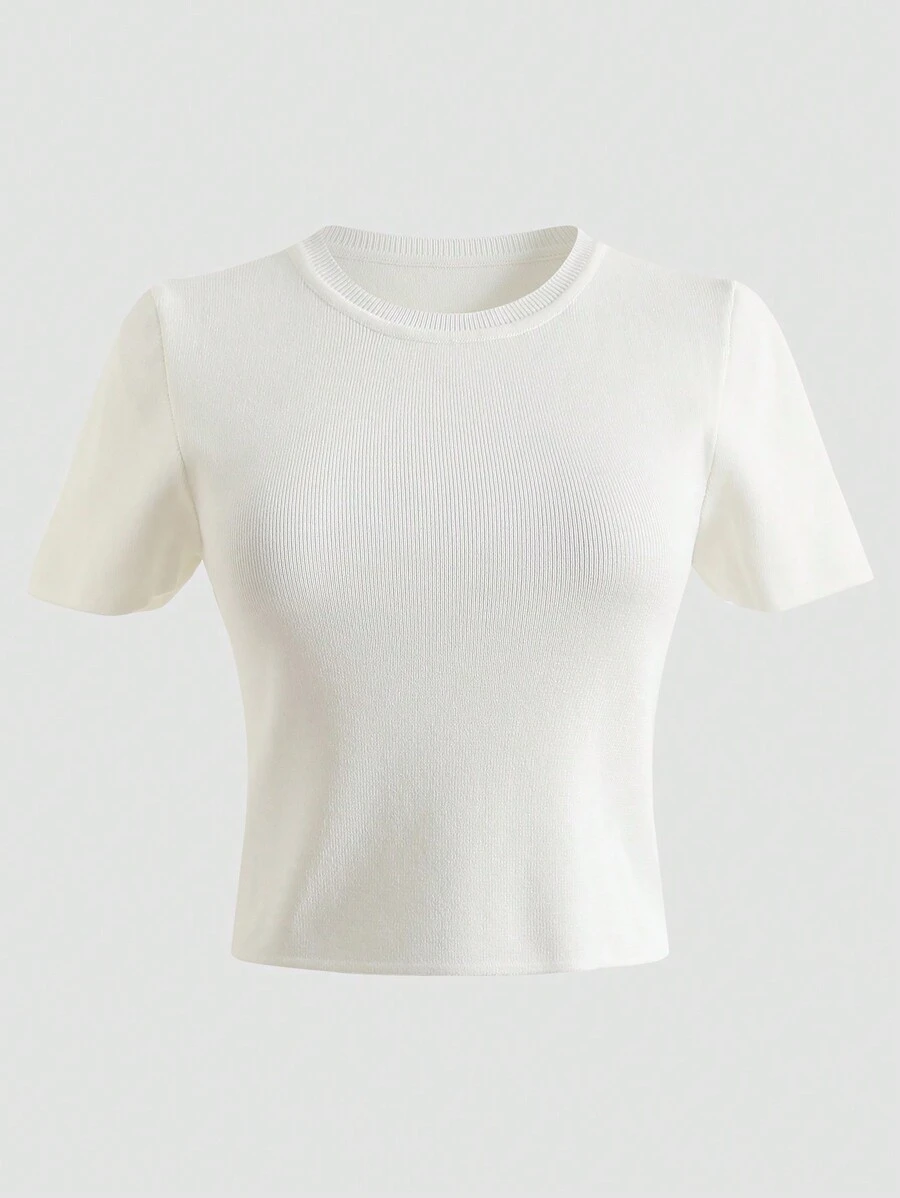 休閒羅紋針織純色女士T恤 - 白色 - 查看 1