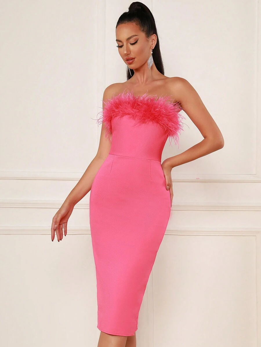 Modphy Fuzzy Trim Split Back Tube Bridesmaid Dress - Hot Pink - View 1