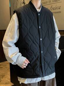 Manfinity Hypemode 1件男士寬鬆鈕扣背心棉絨夾克 - 黑色 - 查看 1