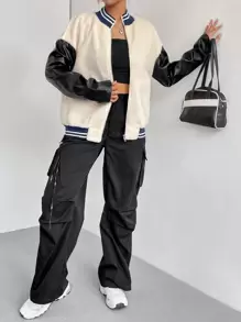 SHEIN Unity Colorblock Drop Shoulder Teddy Bomber Jacket - Multicolor - View 5