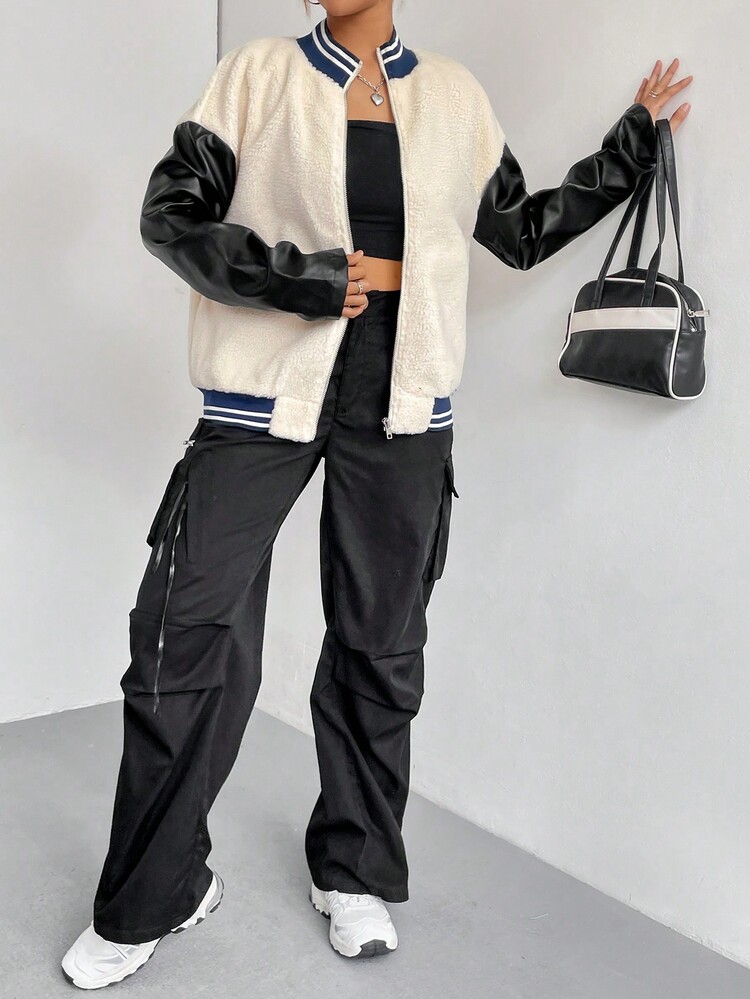 SHEIN Unity 撞色落肩袖絨毛飛行員夾克 - 彩色 - 查看 5