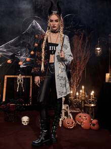 PUNK Áo khoác cardigan trễ vai họa tiết dơi hai tông màu Halloween không kèm thắt lưng - Nhiều màu - Xem 4
