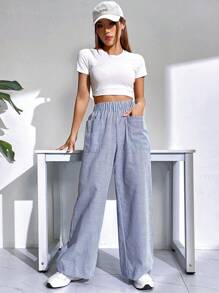 SHEIN EZwear Striped Print Wide Leg Pants - Blue and White - View 3
