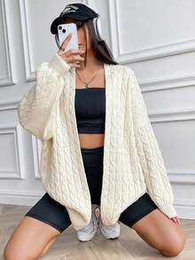 SHEIN Unity 绞花针织落肩开衫 - 杏色 - 查看 7