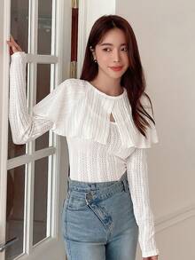 DAZY 素色荷葉邊紋理質感上衣 - 白色 - 查看 6