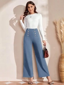 EMERY ROSE High Waist Button Detail Wide Leg Pants - Dusty Blue - View 4