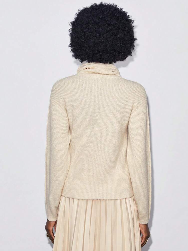 Funnel Neck Drop Shoulder Sweater Without Belt