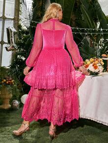 Glamaker Hơn Lưới tương phản Tay áo lồng đèn Xù Hoa Sen Đầm - Màu Hồng Tươi - Xem 2