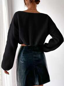 Chiquease 纯色落肩短款针织套头衫，适合秋冬季穿着 - 黑色 - 查看 2