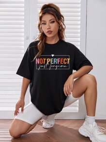 SHEIN EZwear 標語圖案落肩T恤 - 黑色 - 查看 1