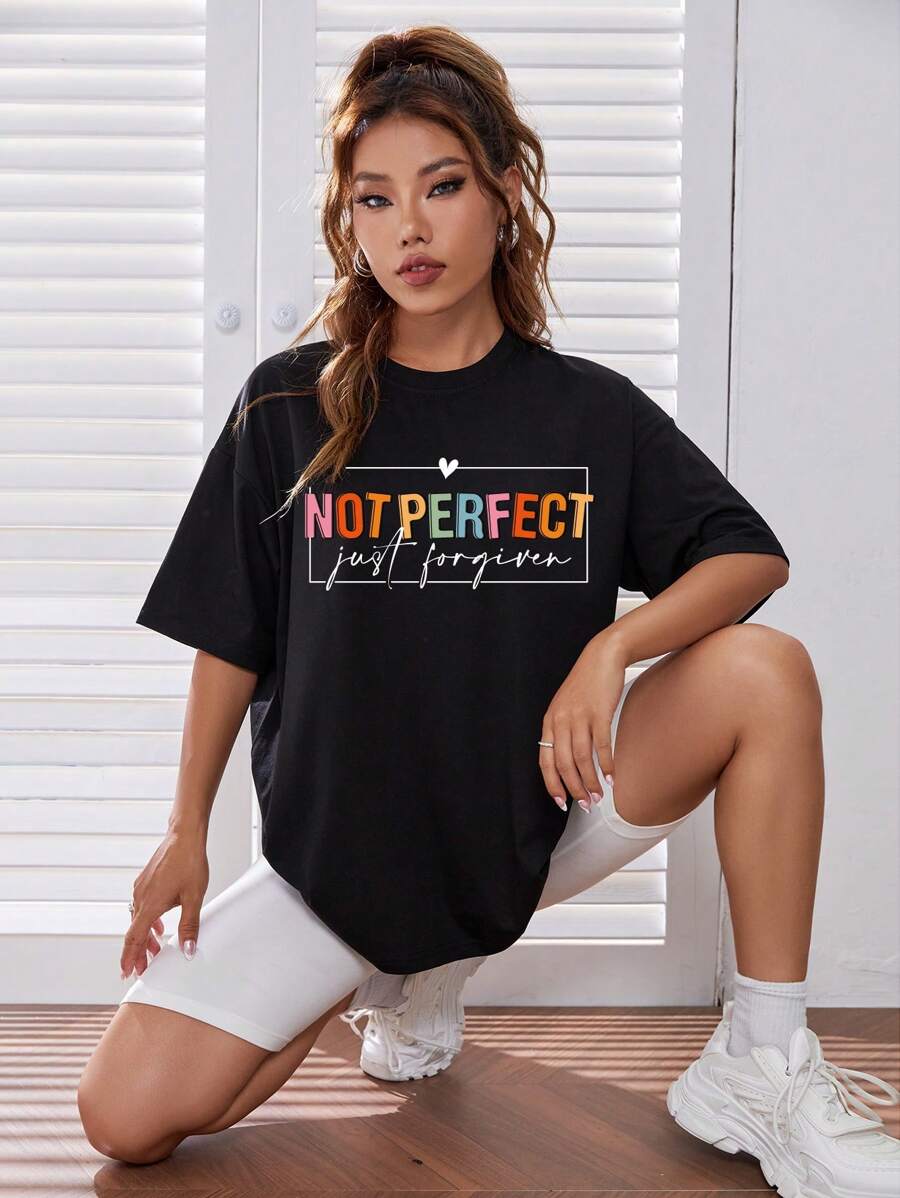 SHEIN EZwear 標語圖案落肩T恤 - 黑色 - 查看 1