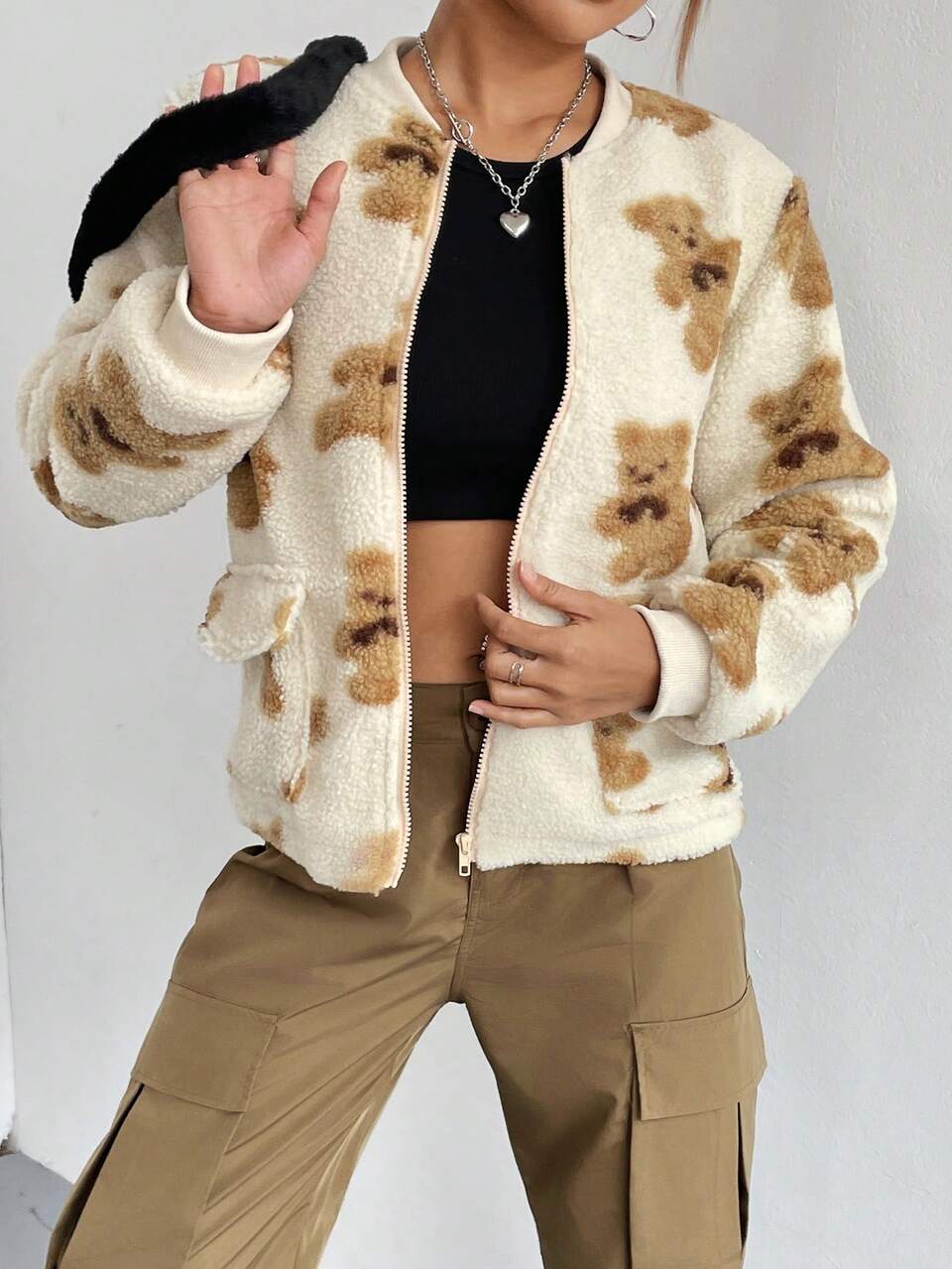 Bear Pattern Flap Pocket Teddy Bomber Jacket Fall Cloth For Women