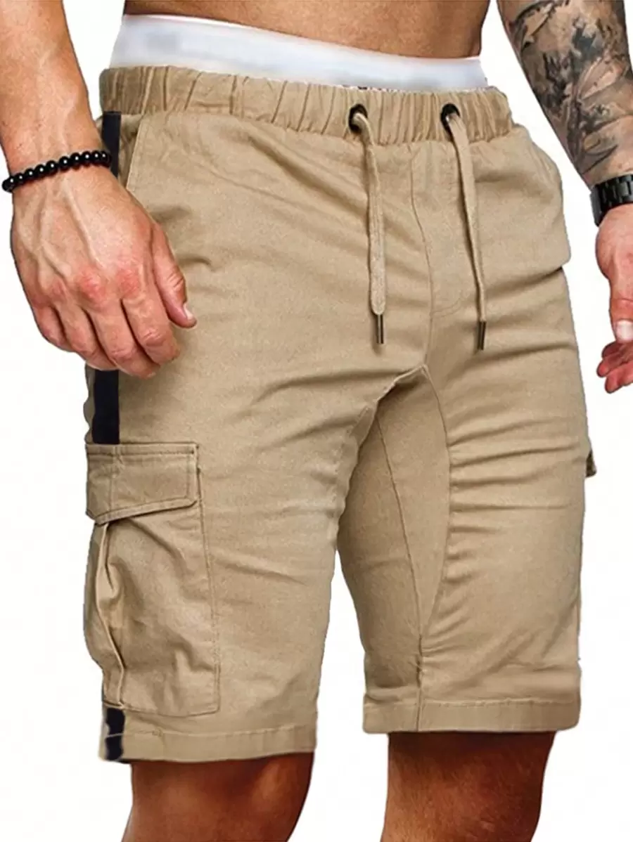 Manfinity Homme Men Flap Pocket Drawstring Waist Cargo Shorts Plain Khaki - Khaki - View 1