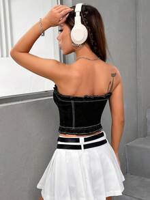 SHEIN EZwear Khâu trên cùng Dây kéo Ống Tops Denim - Rửa tối - Xem 3