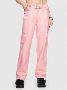ROMWE Kawaii Zipper Pocket Side Cargo Jeans - Pink - View 1