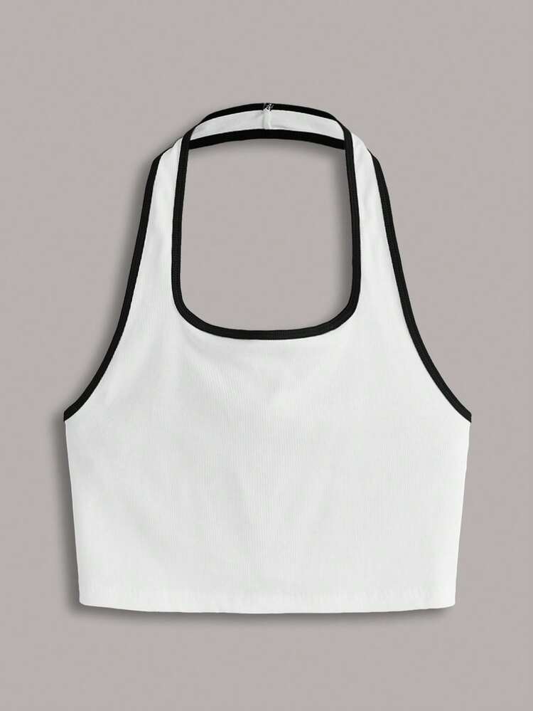 SHEIN BASICS プラス コントラストバインディング クロールホルタートップ - ホワイト - 見る 6