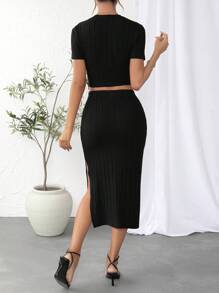 SHEIN Essnce unicolor Camiseta crop & de muslo con abertura Falda - Negro - Ver 2
