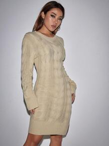 SHEIN Unity Chất rắn Xoắn Dan Đầm Áo len - Màu be - Xem 5