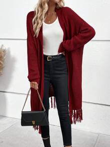 SHEIN Essnce Fringe Hem Drop Shoulder Duster Cardigan - Burgundy - View 4