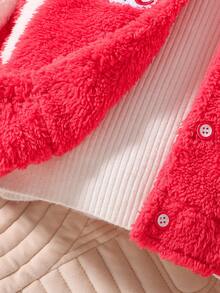 SHEIN Young Girl Letter Patched Striped Trim Teddy Jacket Without Sweater - Multicolor - View 7