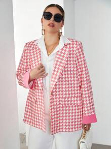 SHEIN Essnce Plus Houndstooth Print Single Button Blazer - Pink - View 7