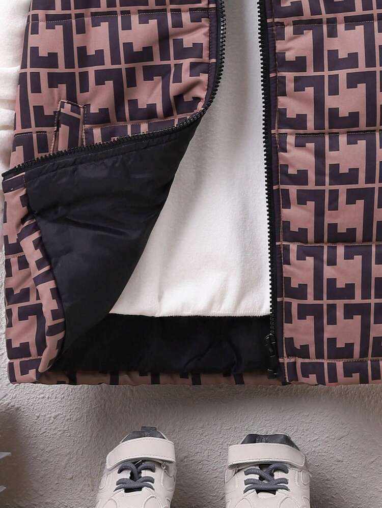 Tween Boy 1pc Geo Print Zipper Hooded Vest Padded Coat