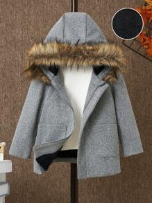 SHEIN Young Boy Fuzzy Trim Hooded Duffle Button Dual Pocket Overcoat - Grey - View 2
