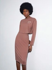 BizChic 字母圖案落肩T恤&半身裙 - 咖啡棕 - 查看 3