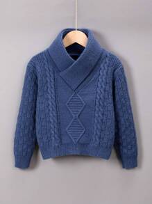 Young Boy Cable Knit Overlap Neck Sweater - Blue - View 1