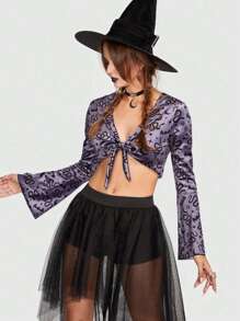 ROMWE Goth 蛇印花前繫帶鐘形袖短款上衣 - 紫色 - 查看 1