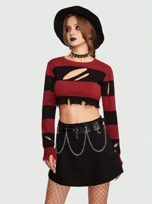 ROMWE Goth Striped Pattern Cut Out Front Crop Sweater