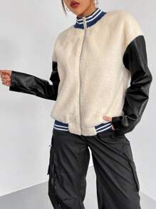 SHEIN Unity Colorblock Drop Shoulder Teddy Bomber Jacket - Multicolor - View 3