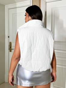 SHEIN MOOSTA Plus Zip Up Crop Vest Padded Padded Coat Clothes Winter - White - View 2