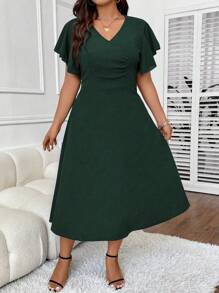 Celure Plus Solid Butterfly Sleeve A-line Dress - Dark Green - View 5