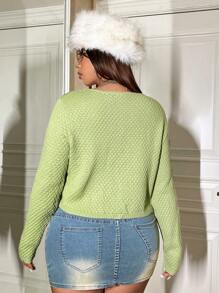 Flirla 大碼鏤空前紐扣短款開衫 - 綠色 - 查看 2