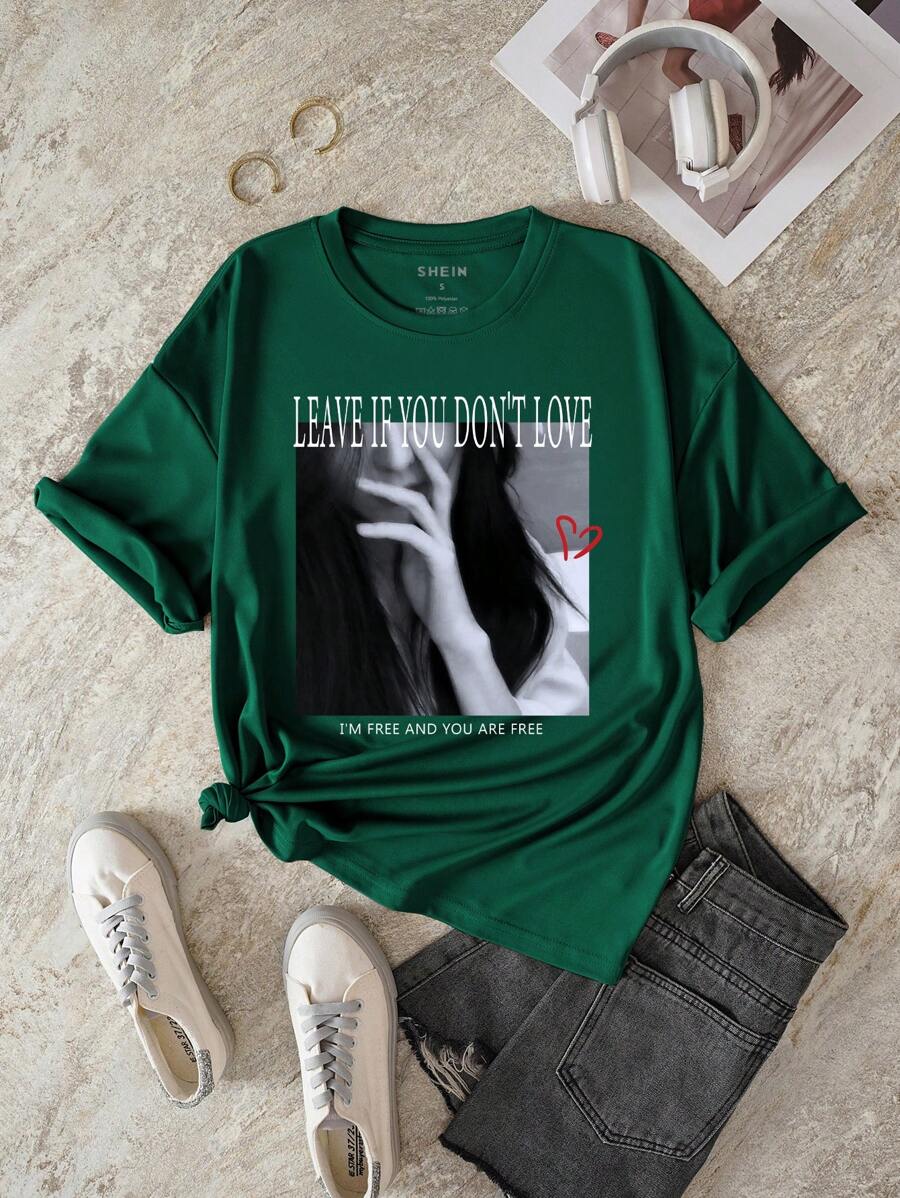 INAWLY 口号和图案 T 恤如果你不喜欢就离开，我是自由的，你也是自由的 - 墨綠色 - 查看 1