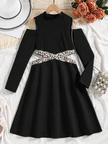SHEIN Tween Girl Leopard Print Cold Shoulder Cut Out Waist Dress - Black - View 1