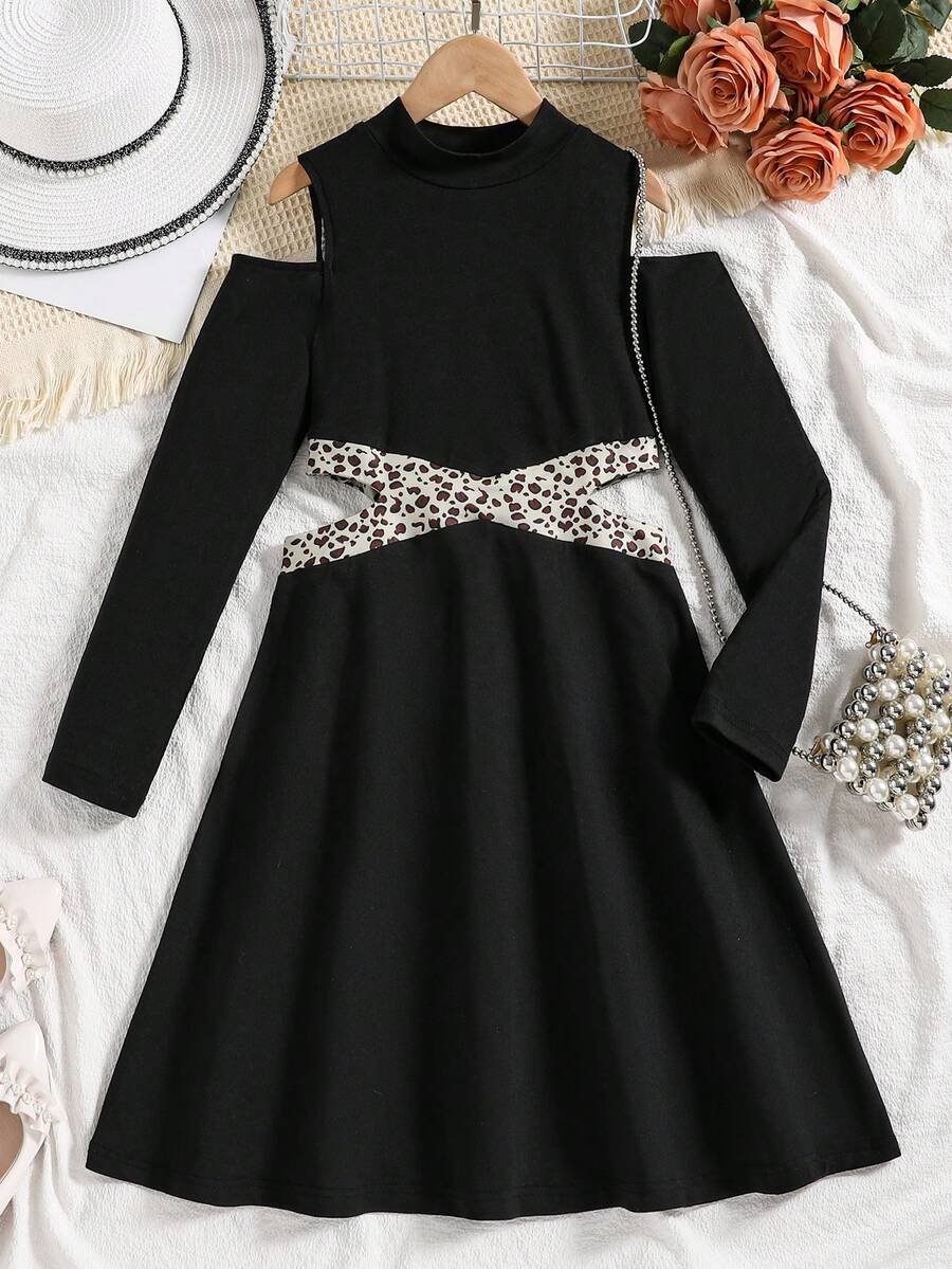 SHEIN Tween Girl Leopard Print Cold Shoulder Cut Out Waist Dress - Black - View 1