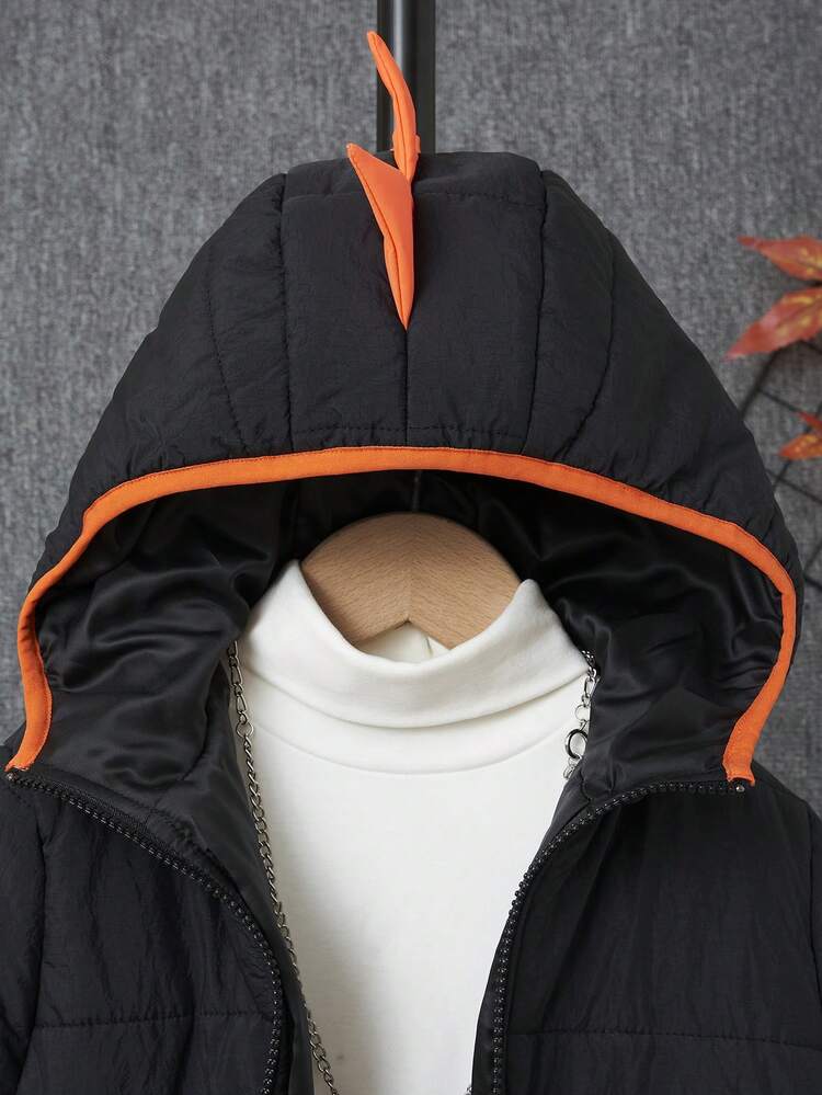 Young Boy Zip Up Contrast Binding Hooded Padded Coat Without Sweater