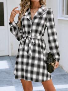 SHEIN Essnce 格紋印花腰帶襯衫洋裝 - 黑色 - 查看 4