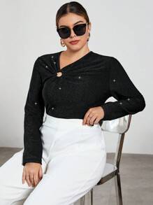 SHEIN Privé Plus Ring Linked Glitter Tee - Black - View 6