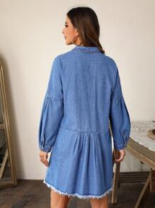 SHEIN LUNE Drop Shoulder Raw Cut Denim Dress - Light Wash - View 3