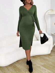 SHEIN Maternity Surplice Neck Knot Side Split Thigh Dress - Green - View 5